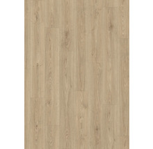 Sol stratifié avec aspect chêne et veinage de bois visible, design lame large.