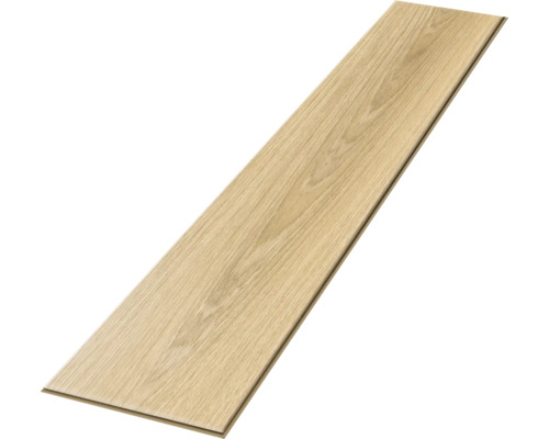 Einzelne Bodenplanke in heller Holzoptik mit sichtbarer Klick-Verbindung.