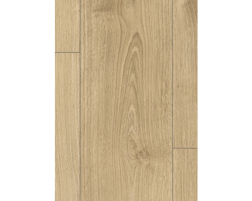 Laminatboden in heller Eichenoptik mit natürlicher Maserung und Astlöchern.