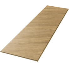 Einzelne Laminatdiele mit Eichendekor und strukturierter Holzmaserung.
