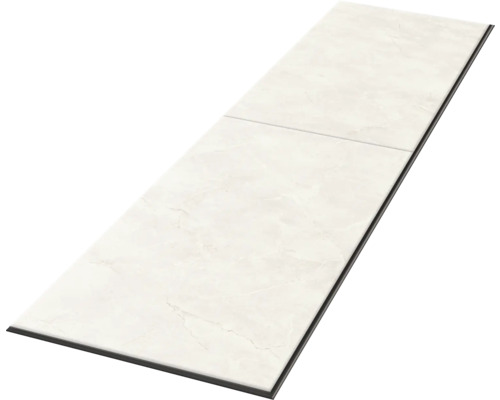 Carreau de sol aspect marbre en grès cérame de forme rectangulaire.