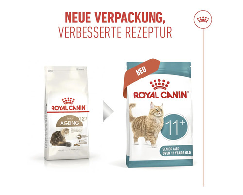 Royal Canin nourriture pour chats seniors de plus de 11 ans en nouvel emballage avec une recette améliorée.