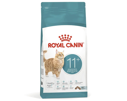 Royal Canin Logo. Nourriture pour chats seniors à partir de onze ans avec l image d un chat roux.