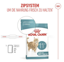 Aliments Royal Canin pour chats seniors de plus de 11 ans avec système de fermeture Zip pour préserver la fraîcheur.