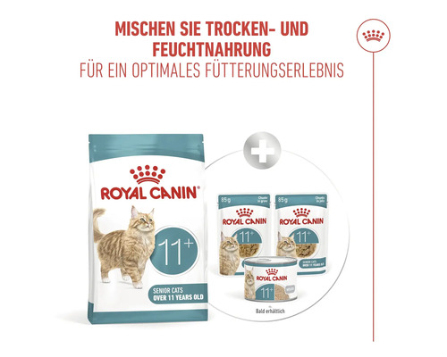 Royal Canin croquettes et nourriture humide pour chats seniors de plus de 11 ans pour une alimentation mixte.