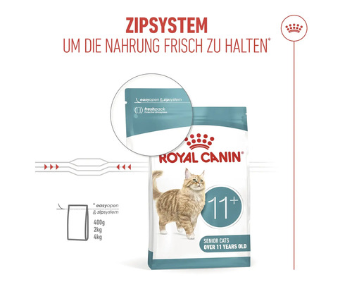 Aliments Royal Canin pour chats seniors de plus de 11 ans avec système de fermeture Zip pour préserver la fraîcheur.