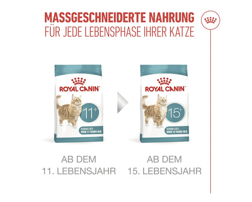 Royal Canin Logo. Nourriture pour chats seniors dès 11 et 15 ans. Texte: Alimentation sur mesure pour chaque étape de la vie de votre chat.