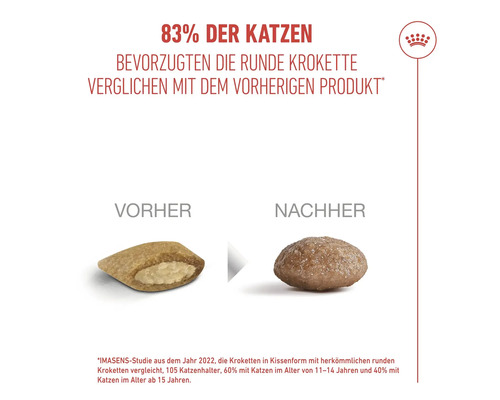 Logo Royal Canin, comparaison de croquettes pour chats: avant en forme de coussin, après ronde. 83 pour cent des chats préfèrent la forme ronde.