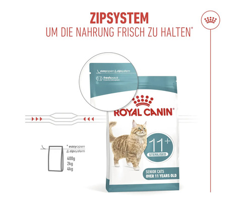 Nourriture Royal Canin pour chats seniors stérilisés de plus de 11 ans avec système de fermeture éclair pour garder les aliments frais.