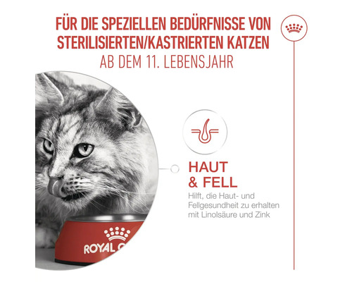 Nourriture Royal Canin pour chats stérilisés dès 11 ans pour le soutien de la peau et du pelage avec de l acide linoléique et du zinc.