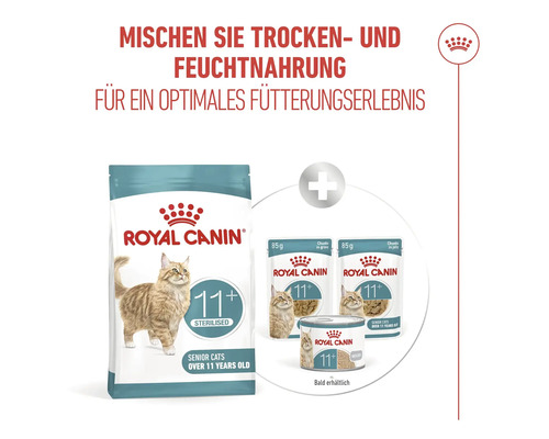 Logo Royal Canin. Infographie sur la combinaison d'aliments secs et humides pour chats seniors stérilisés de plus de 11 ans.