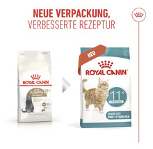 Royal Canin Logo. Comparaison de l ancien et du nouvel emballage pour nourriture pour chats Senior 11 plus Sterilised avec recette améliorée.