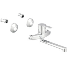 Einhebel-Wandarmatur für die Spüle aus Chrom mit schwenkbarem Auslauf, Rosetten und S-Anschlüssen.