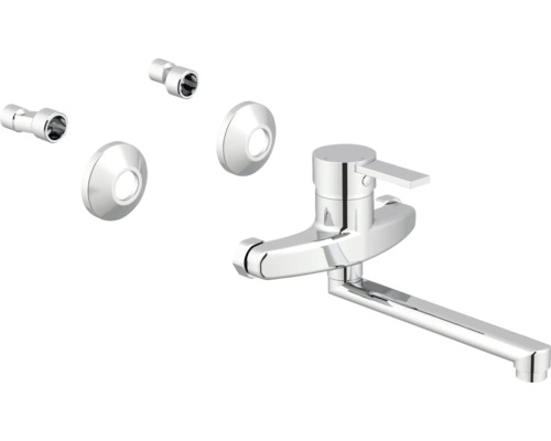 Einhebel-Wandarmatur für die Spüle aus Chrom mit schwenkbarem Auslauf, Rosetten und S-Anschlüssen.