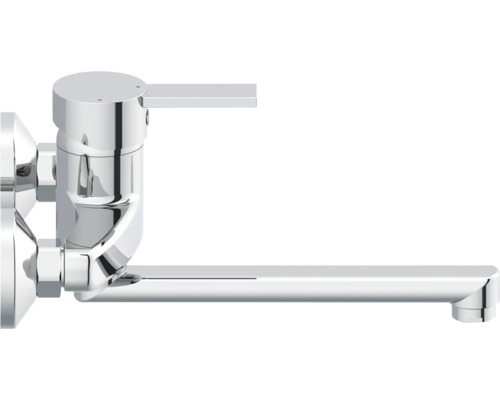 Verchromte Wandarmatur mit Einhebelmischer und langem Schwenkauslauf für Spültische.