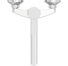 Weiße Wandarmatur als Einhebelmischer mit langem Auslauf und runden Wandanschlüssen für Waschbecken oder Spüle.