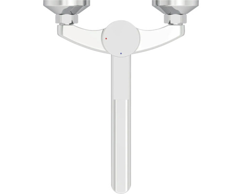 Weiße Wandarmatur als Einhebelmischer mit langem Auslauf und runden Wandanschlüssen für Waschbecken oder Spüle.