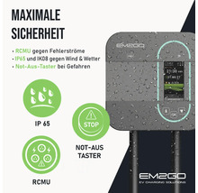 EM2GO Ladestation mit RCMU Fehlerstromüberwachung Not Aus Taster Schutzart IP65 und IK08 für Elektrofahrzeuge