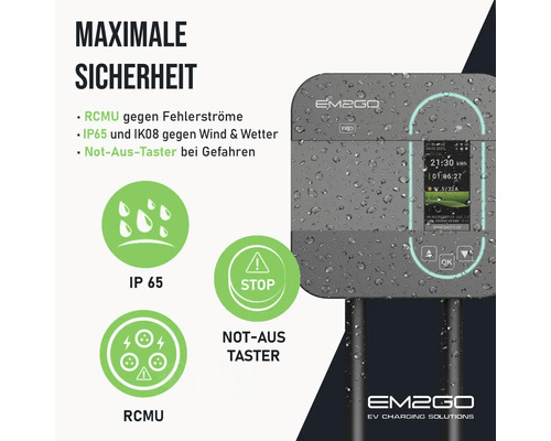 EM2GO Ladestation mit RCMU Fehlerstromüberwachung Not Aus Taster Schutzart IP65 und IK08 für Elektrofahrzeuge