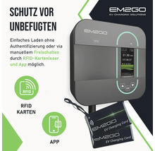 EM2GO Ladestation mit RFID-Kartenleser und App-Anbindung für Elektrofahrzeuge zur sicheren Authentifizierung und Steuerung.