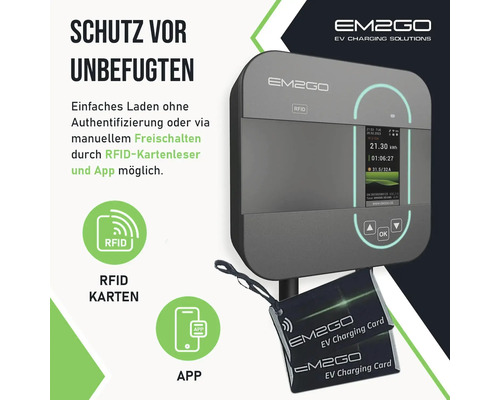 EM2GO Ladestation mit RFID-Kartenleser und App-Anbindung für Elektrofahrzeuge zur sicheren Authentifizierung und Steuerung.