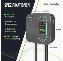 EM2GO Ladestation mit OLED Display und Spezifikationen wie Typ 2 Ladekabel und 11 kW beziehungsweise 22 kW Ausgangsleistung