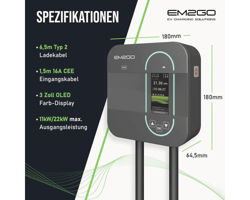 EM2GO Ladestation mit OLED Display und Spezifikationen wie Typ 2 Ladekabel und 11 kW beziehungsweise 22 kW Ausgangsleistung