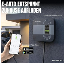 EM2GO 11 Kilowatt Wallbox mit Display montiert an einer Wand und Steuerung per Smartphone App