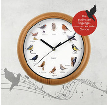 Analoge Quarz-Wanduhr mit 12 Vogelabbildungen und stündlichem Vogelgezwitscher, runder Kunststoffrahmen in Holzoptik.