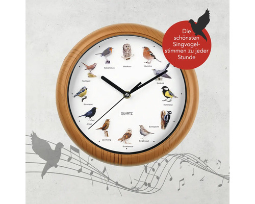Analoge Quarz-Wanduhr mit 12 Vogelabbildungen und stündlichem Vogelgezwitscher, runder Kunststoffrahmen in Holzoptik.