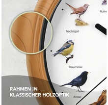 Detailansicht einer Wanduhr mit einem Rahmen in Holzoptik und einem Zifferblatt mit verschiedenen Vogelmotiven.