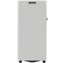 Mobiles Klimagerät in Weiß mit integrierter Griffmulde und Transportrollen.