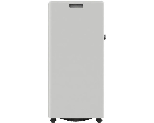 Mobiles Klimagerät in Weiß mit integrierter Griffmulde und Transportrollen.