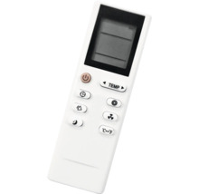 Weiße Fernbedienung für Klimaanlage mit Display, Ein-Aus-Taste und Tasten für Temperatur, Timer, Gebläsestufe sowie Celsius und Fahrenheit.
