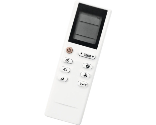 Weiße Fernbedienung für Klimaanlage mit Display, Ein-Aus-Taste und Tasten für Temperatur, Timer, Gebläsestufe sowie Celsius und Fahrenheit.