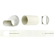 Fensterabdichtungsset für mobile Klimageräte mit Abluftschlauch, Adaptern und verstellbarer Fensterblende aus weissem Kunststoff.
