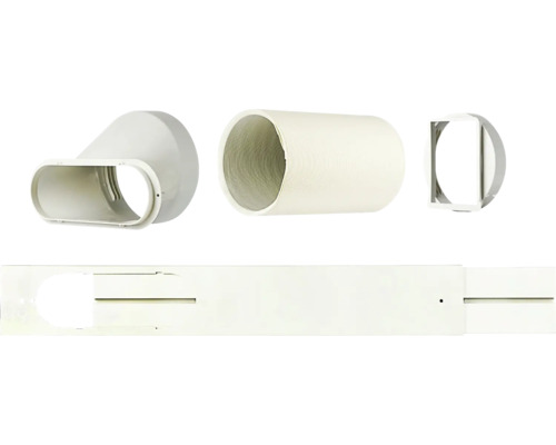 Fensterabdichtungsset für mobile Klimageräte mit Abluftschlauch, Adaptern und verstellbarer Fensterblende aus weissem Kunststoff.