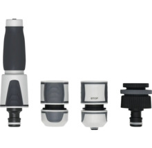 Set de raccordement pour tuyau d'arrosage comprenant lance d'arrosage, raccord de tuyau, raccord aquastop et nez de robinet.
