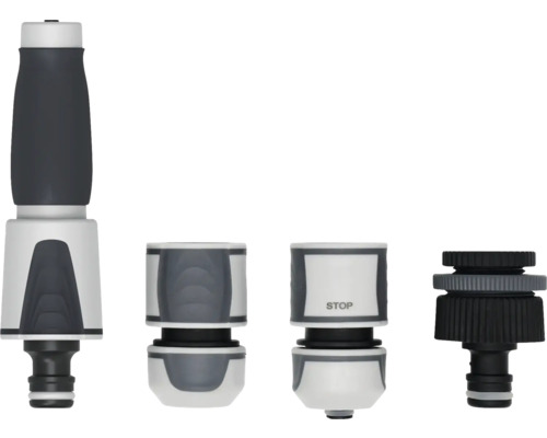 Set de raccordement pour tuyau d'arrosage comprenant lance d'arrosage, raccord de tuyau, raccord aquastop et nez de robinet.