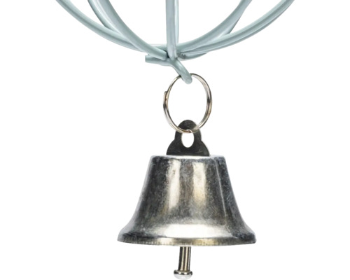 Kleine dekorative Metallglocke mit Klöppel, befestigt an einer Drahtstruktur.