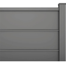 Panneau de clôture occultant gris en plastique avec lames horizontales et poteau.