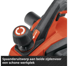 Detailansicht eines Elektrohobels mit Einstellknopf für die Hobeltiefe und Wahlschalter für den beidseitigen Spanauswurf.