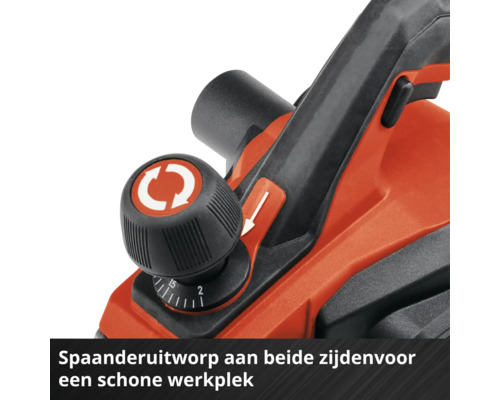 Detailansicht eines Elektrohobels mit Einstellknopf für die Hobeltiefe und Wahlschalter für den beidseitigen Spanauswurf.