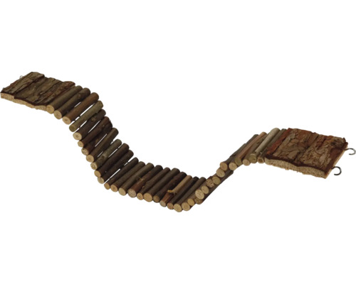 Biegsame Holzbrücke für Kleintiere aus Naturholz mit Rinde und Metallhaken.