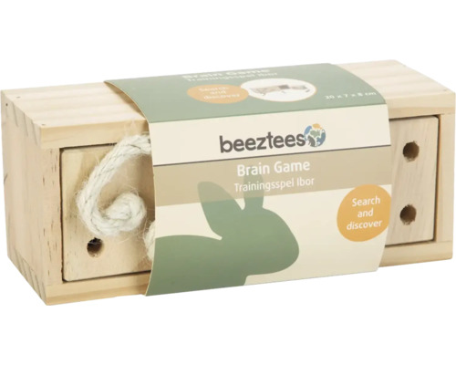 Jouet d intelligence Beeztees Ibor en bois pour lapins avec corde et trous pour chercher des snacks, 20 par 7 par 8 centimètres.