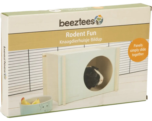 Maisonnette en bois Beeztees Bildup pour rongeurs avec système de panneaux coulissants.