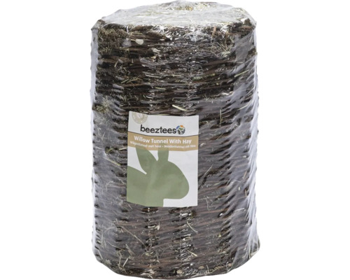 Beeztees Weidentunnel mit Heu für Nagetiere und Kaninchen, aus Naturweide geflochten, in Folie verpackt.