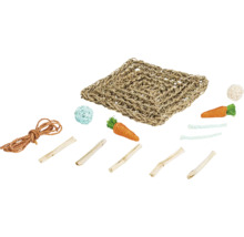 Kleintierspielzeug-Set aus Naturmaterialien mit Grasmatte, Weidenbällen, Karottenspielzeugen und Holzstäbchen.