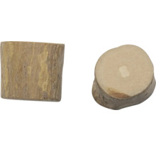 Zylindrischer Holzstopfen für Möbel oder Tischlerarbeiten, in der Seitenansicht und Draufsicht mit sichtbarer Holzmaserung.