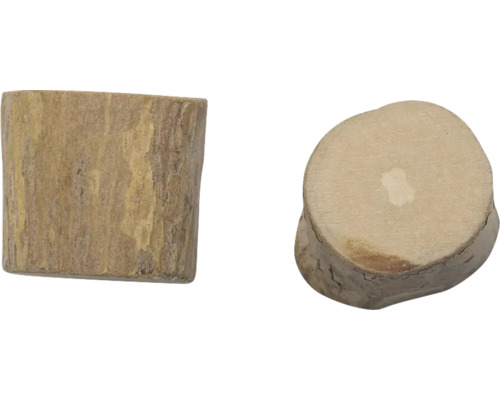Zylindrischer Holzstopfen für Möbel oder Tischlerarbeiten, in der Seitenansicht und Draufsicht mit sichtbarer Holzmaserung.